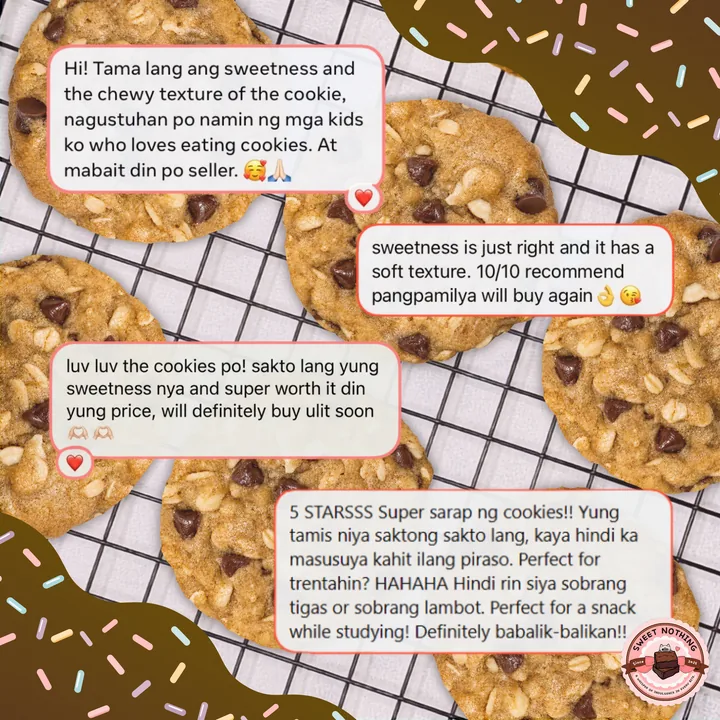 Carousel slide 1: customer review screenshots over chocolate chip cookies