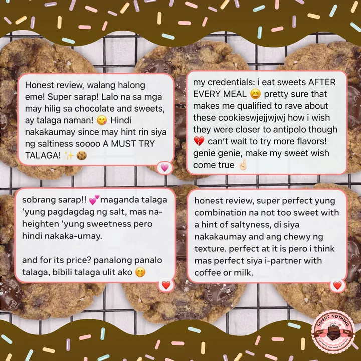 Carousel slide 2: customer review screenshots over cookies on a cooling rack