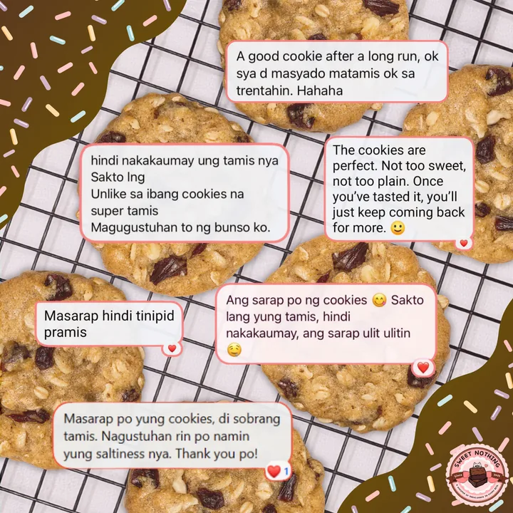 Carousel slide 3: customer review screenshots over oatmeal cookies