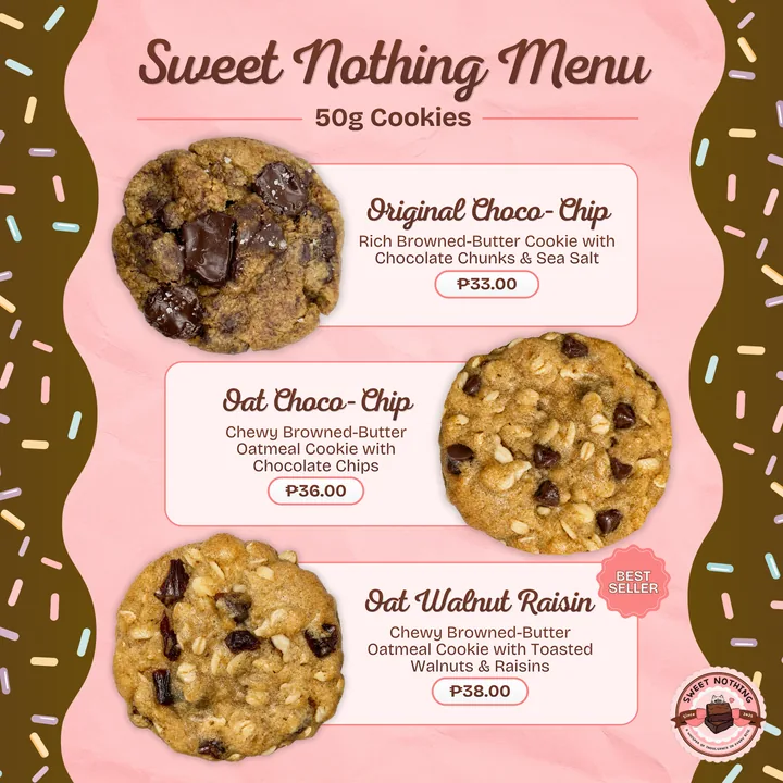 Static ad: Sweet Nothing menu with three cookie flavours and prices