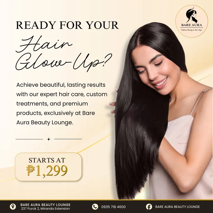 Service poster: “Ready for your hair glow-up?” starting at ₱1,299